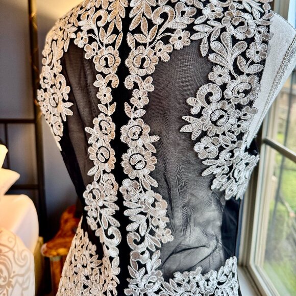 NWT Bebe Black w White Lace Formal Maxi Gown Mesh Cutouts Train - Picture 4 of 15